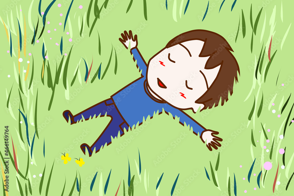 （全身斜め）野原の中に気持ちよさそうにゴロンと寝転がる少年 Stock Illustration | Adobe Stock