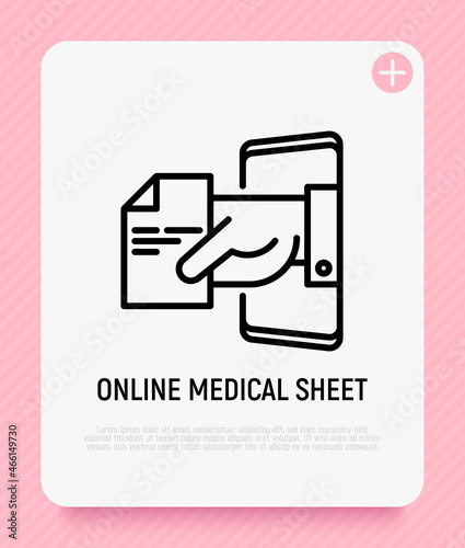 Online medical sheet, prescription thin line icon: hand with recipe from smartphone. Modern vector illustration.