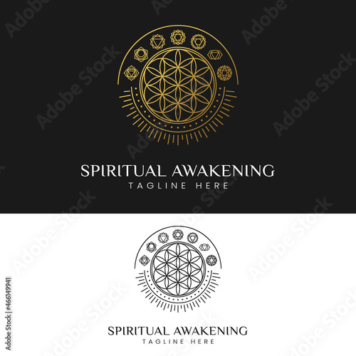 Spiritual Awakening with Flower of Life and 7 Chakra Symbols Logo Design Template. Suitable for Meditation Yoga Studios or Healthcare Medicine Business Brand Company in Simple Line Style Logo Design.