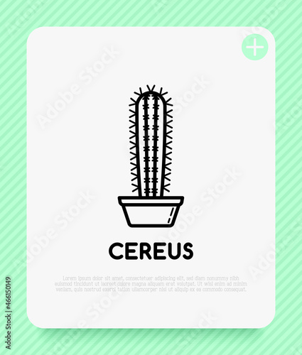 Cactus with prickles in pot thin line icon. Modern vector illustration of home plant.