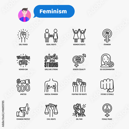 Feminism thin line icons set: women's rights, girl power, gender equality, sex dicrimination, me too, protest, girls are strong. Modern vector illustration.