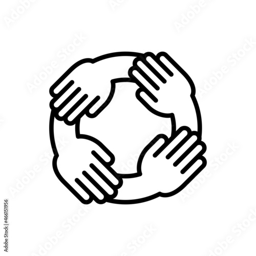 Collaboration thin line icon: four hands holding each other. Modern vector illustration of teamwork, support, partnership.