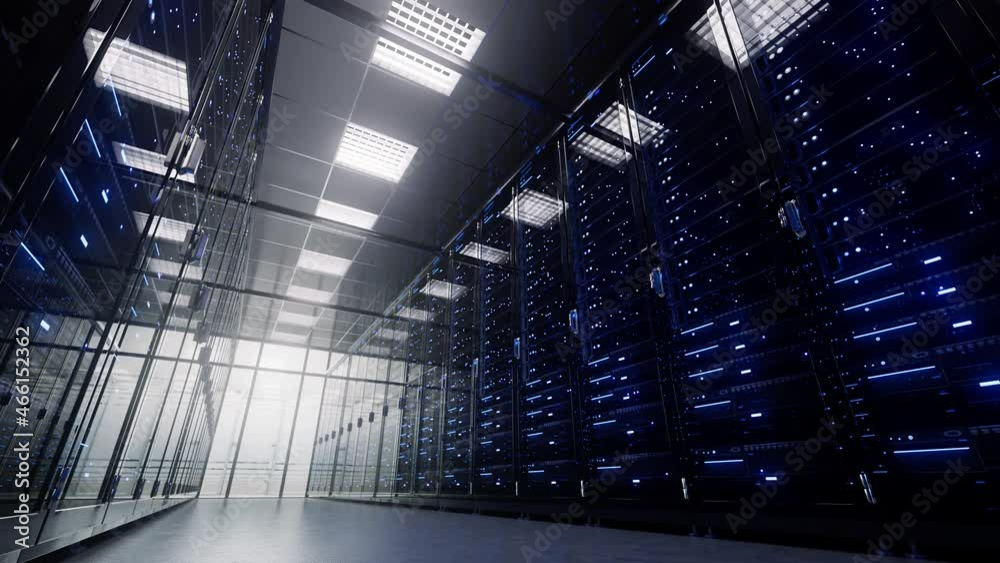 Modern interior server room data center. Cloud computing datacenter server room. Connection and cyber network. Backup, mining, hosting, mainframe, farm, cloud and computer rack. 4K UHD 3d animation