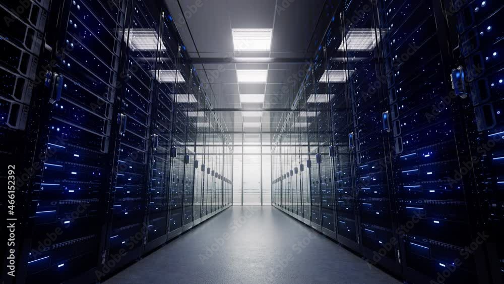 Modern interior server room data center. Cloud computing datacenter server room. Connection and cyber network. Backup, mining, hosting, mainframe, farm, cloud and computer rack. 4K UHD 3d animation