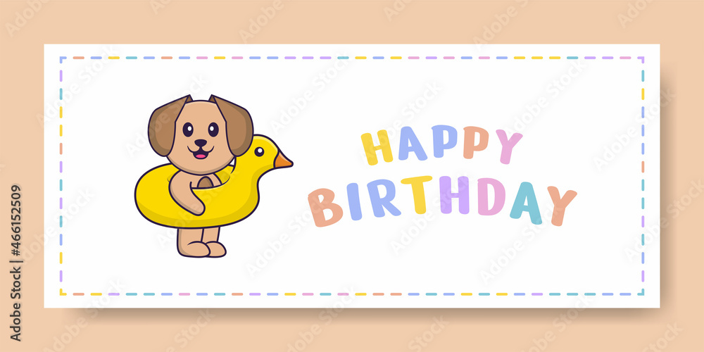 Happy Birthday banner with Cute dog cartoon character. Vector Illustration