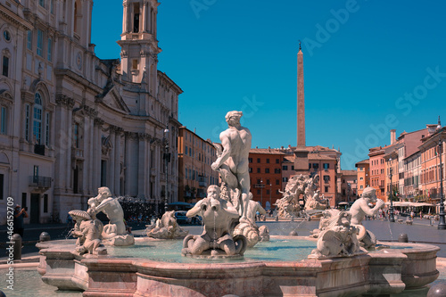Piazza Navona. Roman architecture with Fontana del Moro (Moor Fountain) in foreground and Fontana dei Quattro Fiumi (Four Rivers) in background. Rome, Italy  photo