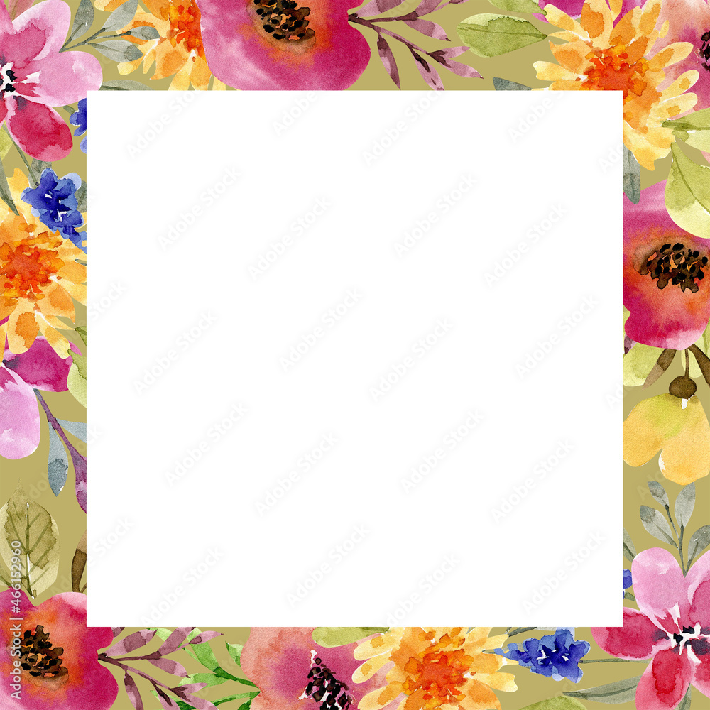 Obraz premium frame with delicate multicolored watercolor flowers, hand painted 