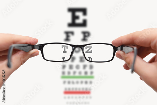 Glasses and Snellen's chart. Test eye examination