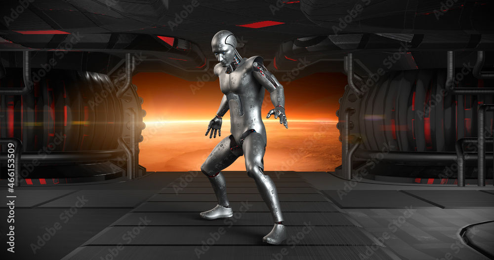 Warrior Bionic Robot Making Karate Moves In Spaceship. Ready For Fight. Technology And Space Related 3D Illustration Render.