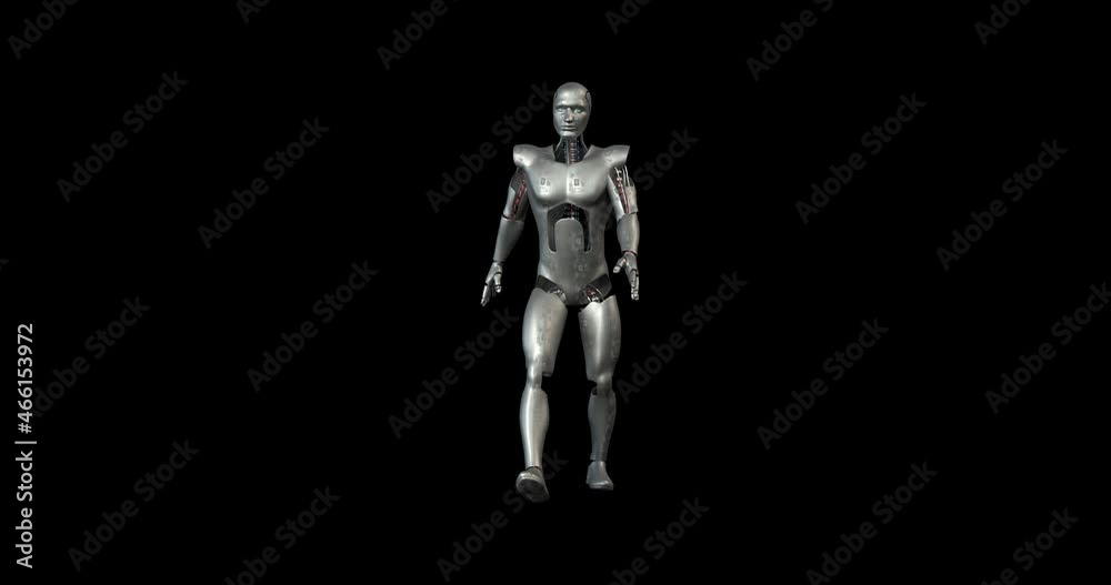 AI Futuristic Robot Walking In Slow Motion In Space. Alpha Channel. Technology And Space Related 3D Animation. AI Futuristic Robot Walking In Slow Motion In Space. Alpha Channel. Technology And Space Related 3D Animation.