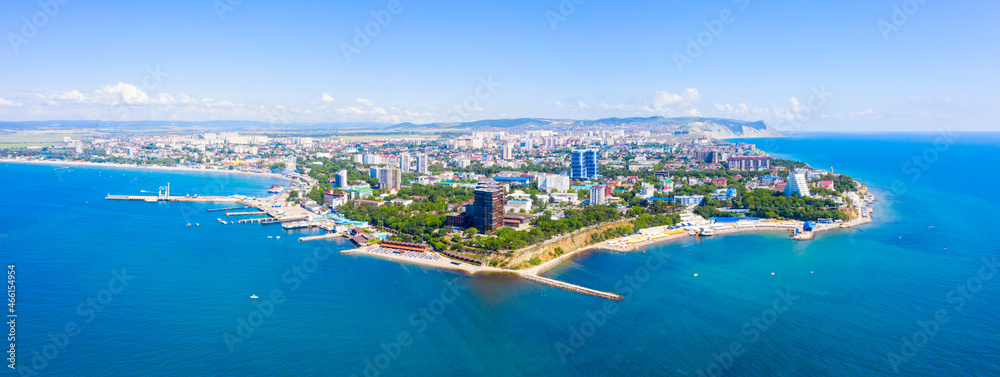 Wonderful panorama of the city of the resort of Anapa and the beaches in the city limits, a view from a drone from the sea.