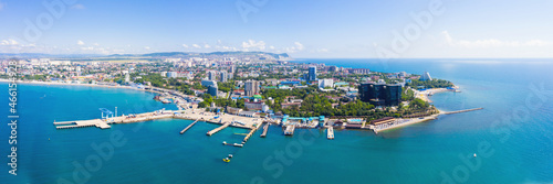 Wonderful panorama of the city of the resort of Anapa and the beaches in the city limits, a view from a drone from the sea.