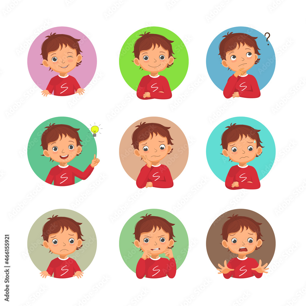Little boy facial expressions set. Vector of various hands postures with different emotions such as winking, smiling, thinking, got idea, bored, sad, worried, shocked, angry. Little boy facial expressions set. Vector of various hands postures with different emotions such as winking, smiling, thinking, got idea, bored, sad, worried, shocked, angry.