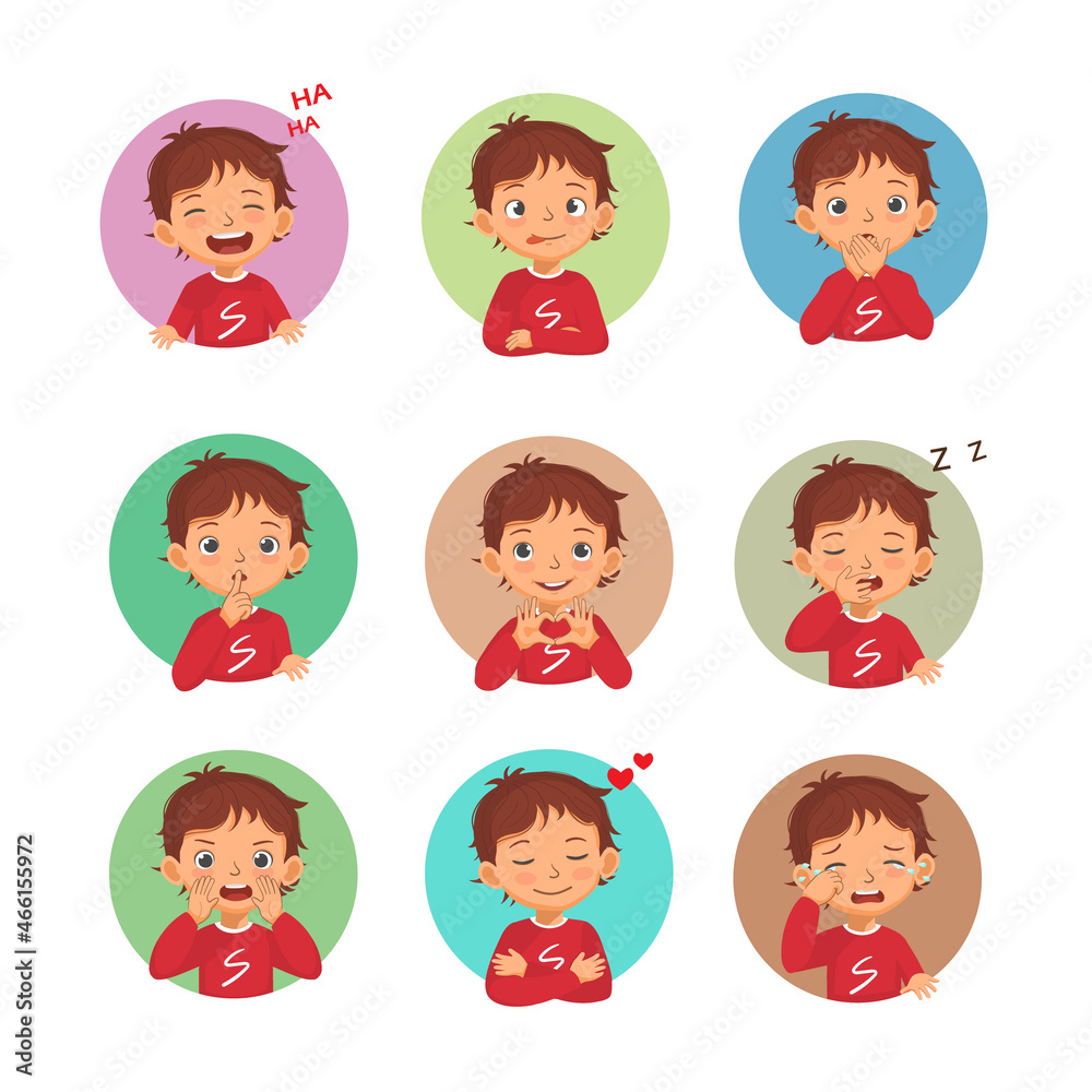 Little boy facial expressions emotions set. Such as laughing, silly face, hands cover mouth, silence, love, miss, crying, sleepy, yelling. Vector of different avatars with hands gestures and signs. Little boy facial expressions emotions set. Such as laughing, silly face, hands cover mouth, silence, love, miss, crying, sleepy, yelling. Vector of different avatars with hands gestures and signs.