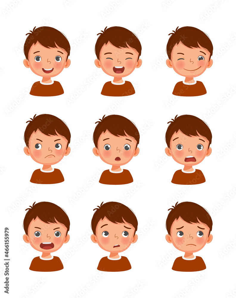 Cute little boy facial expressions set. Vector of kid faces illustration with different emotions such as happy, smiling, laughing, winking, sulking, surprised, shocked, angry, confused, worried. Cute little boy facial expressions set. Vector of kid faces illustration with different emotions such as happy, smiling, laughing, winking, sulking, surprised, shocked, angry, confused, worried.