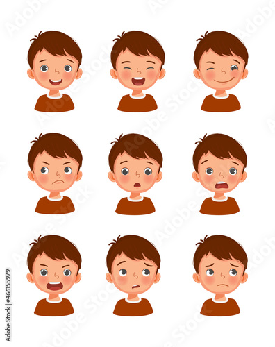 Cute little boy facial expressions set. Vector of kid faces illustration with different emotions such as happy, smiling, laughing, winking, sulking, surprised, shocked, angry, confused, worried.