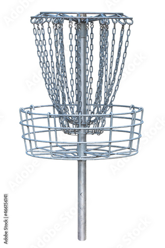 Isolated image of a disk golf basket with white background.