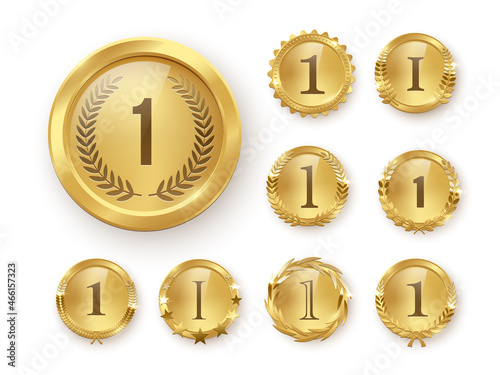 Gold medal award, number 1 prize set, golden first place winner trophy with laurel wreath