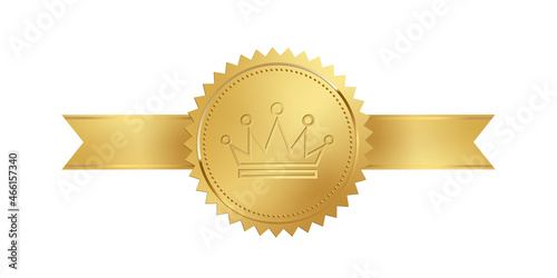Gold label seal with ribbon and crown, realistic vintage sticker, shiny royal stamp