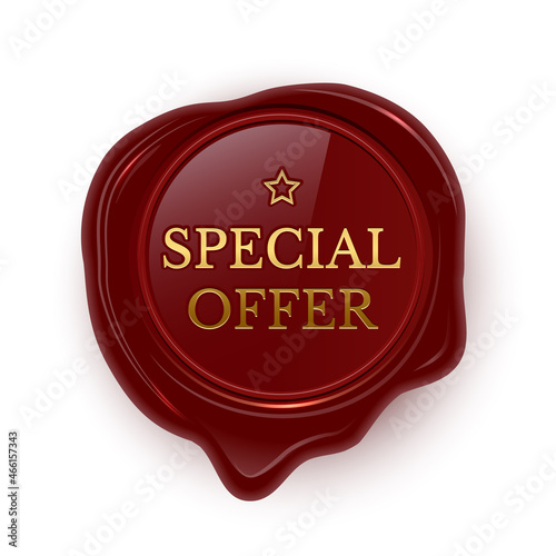 Wax seal, red stamp with gold special offer text, 3d old royal label for mail envelope