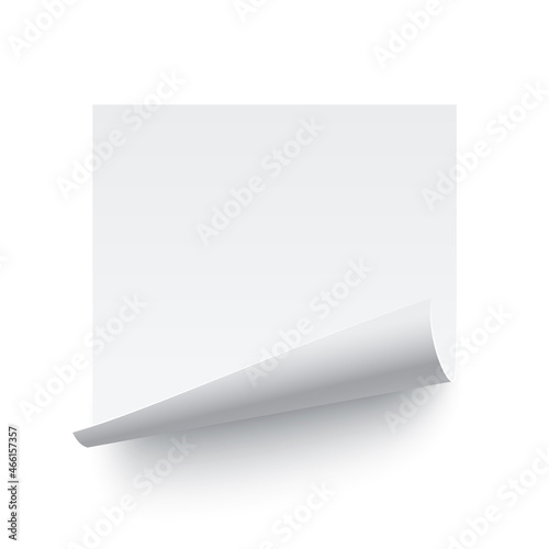 Paper sticker with curl corner vector illustration. Sticker blank page leaf with curved rolled edge, empty flip document, template design element isolated on white