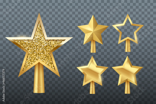Christmas tree star toppers set. Gold shiny festive stars collection for winter holidays isolated on dark transparent background.