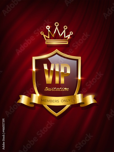 Vip invitation with shiny glowing golden crown on shield and ribbon on red curtain background. Party premium, exclusive quilted design poster. Luxury template. Only for member. Vector illustration.