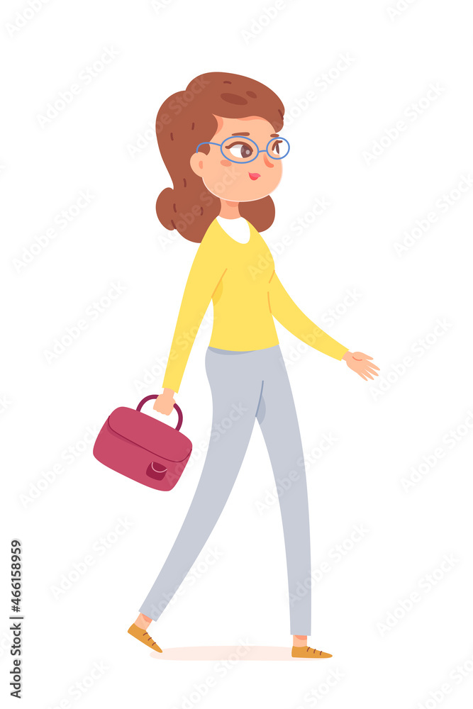 Teacher walking, young woman in glasses holding bag, girl going to work at school Teacher walking, young woman in glasses holding bag, girl going to work at school