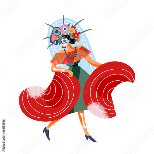 Mexican Day of Dead, Dia de los Muertos, dancing Calavera Catrina in traditional costume photo