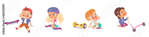 Falling accident with unhappy crying kids set vector illustration. Cartoon boys and girls characters sitting on road, children with injury damage, scratches from falling isolated on white.