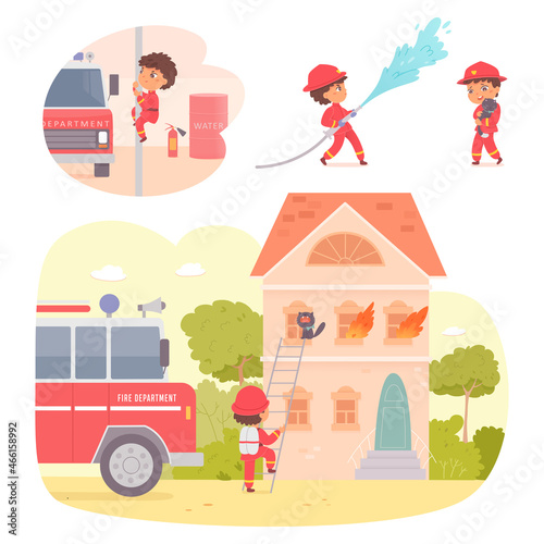 Kids work in fire department, fireman set, firefighter children rescue cat, holding hose