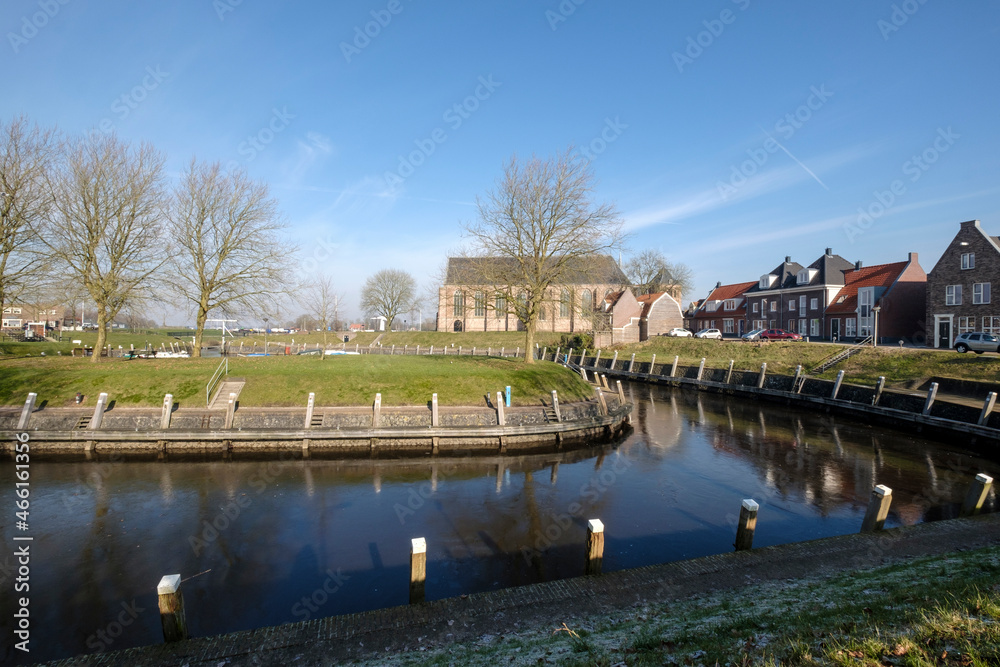 Grote, Boven or Sint Nicolaaskerk and the harbor of Vollenhove, Overijssel Province, The Netherlands