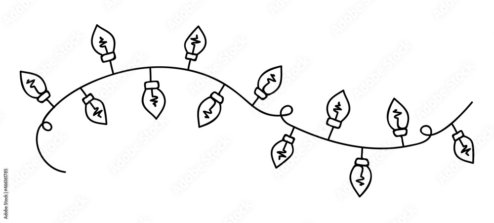 Linear a garland of hanging light bulbs. Decor for a holiday and a cozy home. Winter Hygge. Vector illustration in Scandinavian, Nordic style. Hand drawn line art. Linear a garland of hanging light bulbs. Decor for a holiday and a cozy home. Winter Hygge. Vector illustration in Scandinavian, Nordic style. Hand drawn line art.
