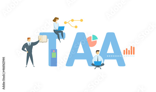 TAA, Trade Adjustment Assistance. Concept with keyword, people and icons. Flat vector illustration. Isolated on white.