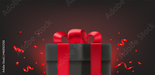 Black gift box with color satin bow. 3d style vector banner