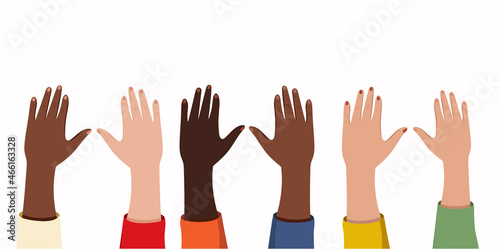 Set of hands raised up. Group of diverse human arms rising together. Concept of international community. Colored flat vector illustration isolated on white background