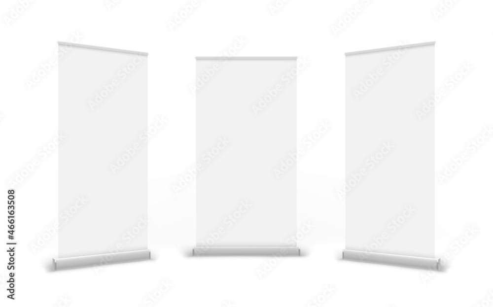 Empty white clean rool up advertising banners vector set