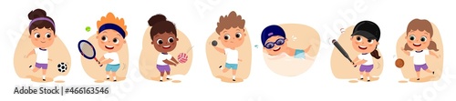 Kids playing various sports vector illustration. Happy cute kids or teen play baseball, tennis, throwing, football, volleyball, swimming, basketball. Sport games banner. Competitions among children.