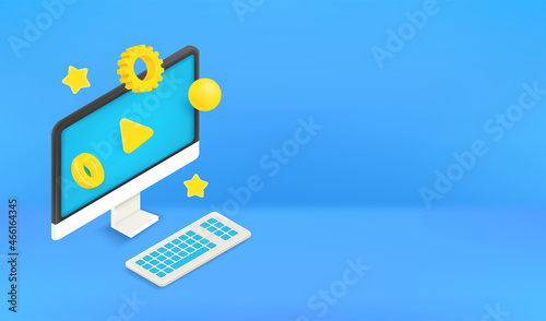 Using modern computer. Vector banner with copy space