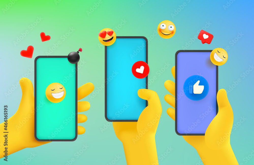 Group of people using social media via martphones. Comic 3d style vector illustration Group of people using social media via martphones. Comic 3d style vector illustration