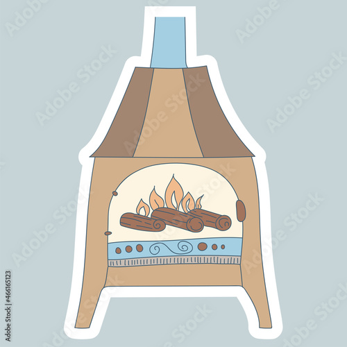 Fireplace in Scandinavian style on legs with decor. Fire is burning in the fireplace. Cozy European hygge. Hand drawn line art illustration for your design. Isolated line on white background.