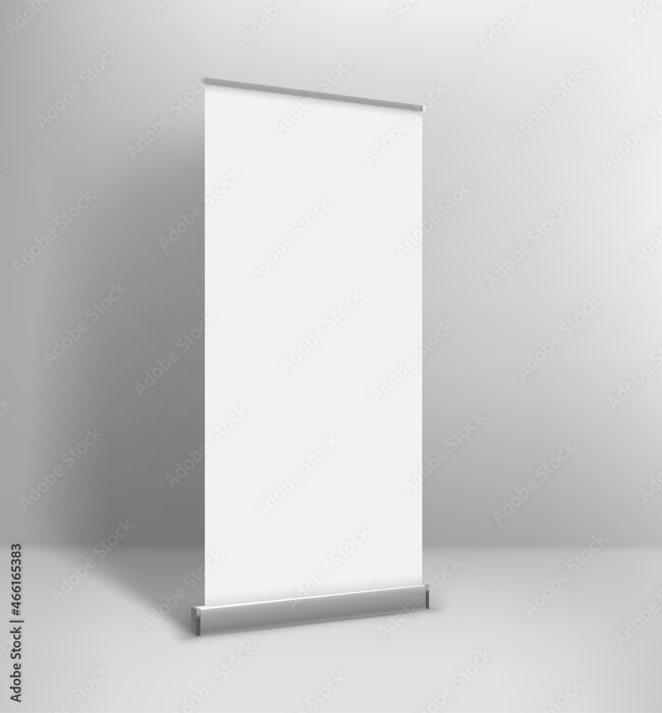 Empty white paper rool up advertising banner in interior Empty white paper rool up advertising banner in interior