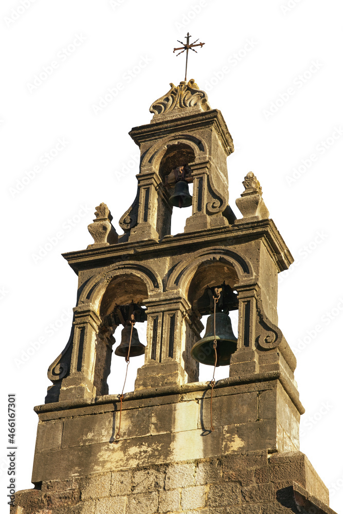 Religious architecture. Bell tower of ancient church, isolated on white.  Balkans. Montenegro, Old Town of Kotor.  Bell tower of Church of St Luke