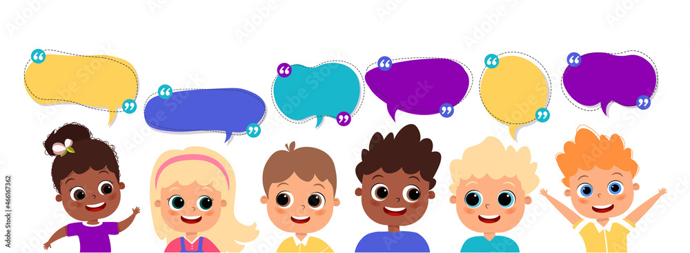Multinational children talking with speech bubbles. Happy cartoon diverse kids have dialog. Cute girls and boys with dialog boxes. Different nationalities with speech bubbles vector flat illustration Multinational children talking with speech bubbles. Happy cartoon diverse kids have dialog. Cute girls and boys with dialog boxes. Different nationalities with speech bubbles vector flat illustration