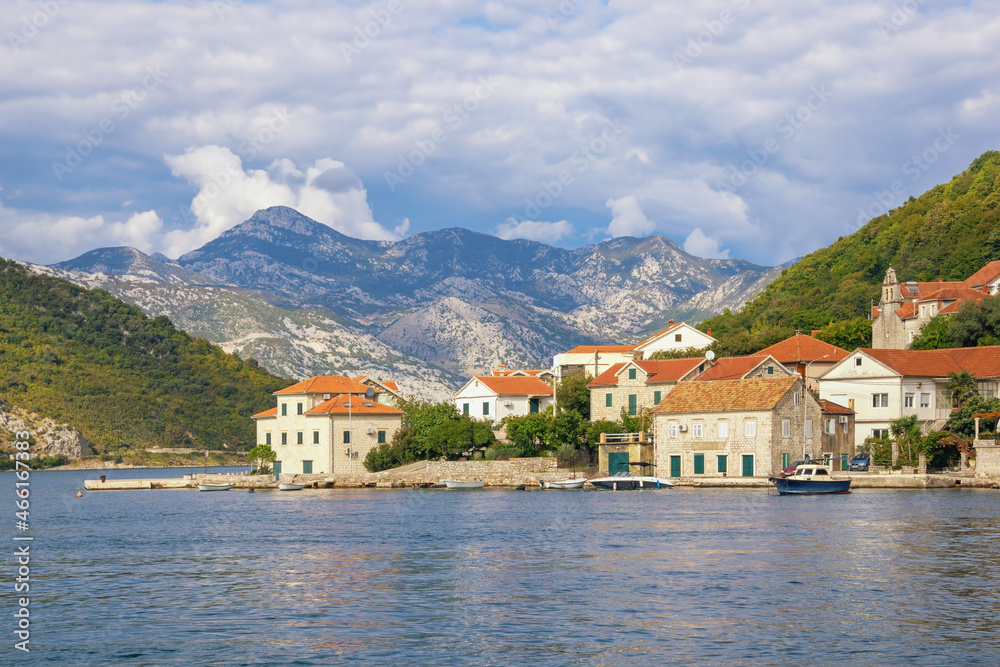 Beautiful autumn Mediterranean landscape.  Montenegro, Adriatic Sea. View of Kotor Bay and Lepetane village