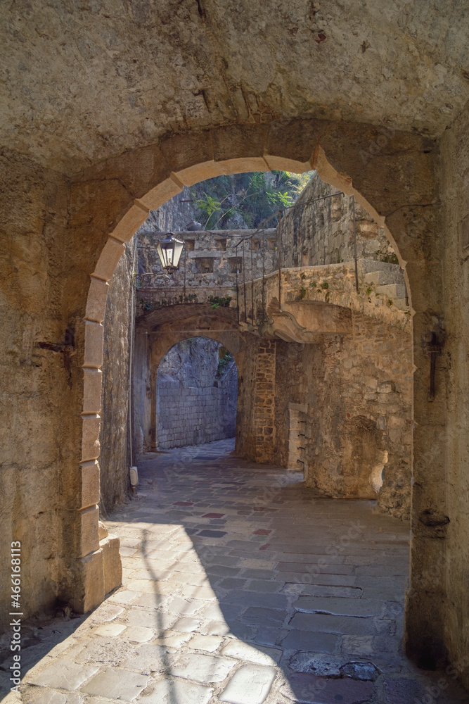 Ancient fortifications. Montenegro, fortifications of Old Town of Kotor.  View of South Gate (  Gurdic Gate )