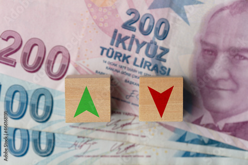 Fototapeta Naklejka Na Ścianę i Meble -  Turkish currency changing interest rates. Red and green arrow symbol on wooden cube.
