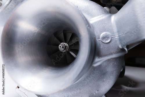 New turbocharged engine on a gray background. Impeller parts