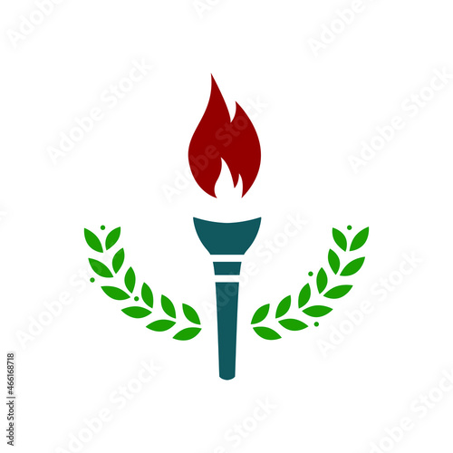 Fire torch with laurel wreath icon. Red flame. Burning sign of sports games, victory and success. Simply shapes. Vector isolated on white background