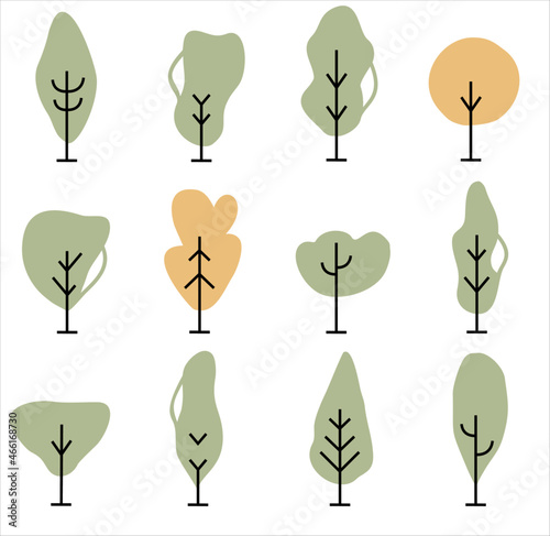 Set of trees for architects. Forest, park, and garden tree linear signs collection. Simple geometric tree contour symbols for the entourage. Vector illustration.